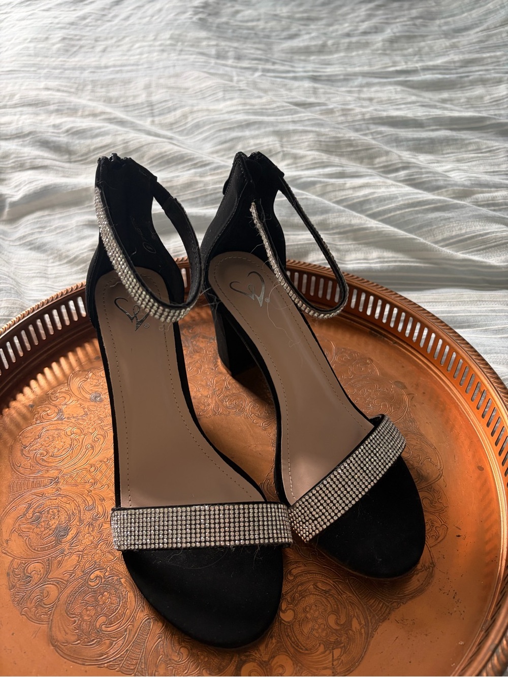 Windsor Black Rhinestone Ankle-Strap Block Heels